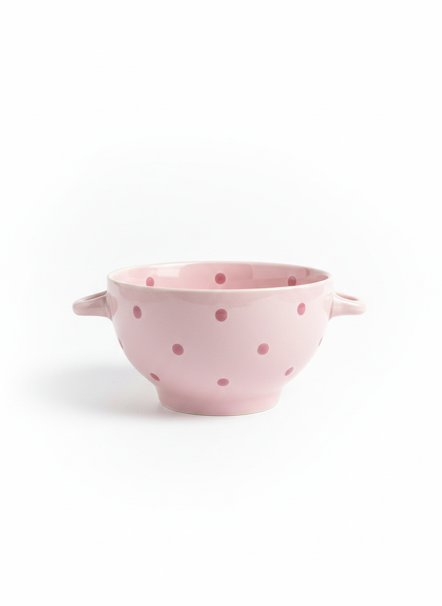 Pink Ceramic Bowl with Dots Design and Handle