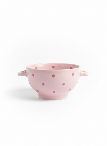 Pink Ceramic Bowl with Dots Design and Handle