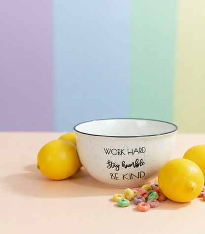 "Work Hard, Stay Humble, Be Kind" Ceramic Bowl – White with Black Dots