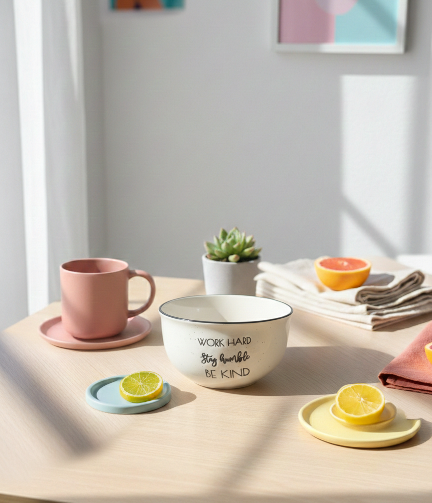 "Work Hard, Stay Humble, Be Kind" Ceramic Bowl – White with Black Dots