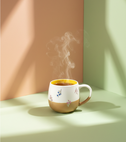 Brown and White Ceramic Mug with printed flowers