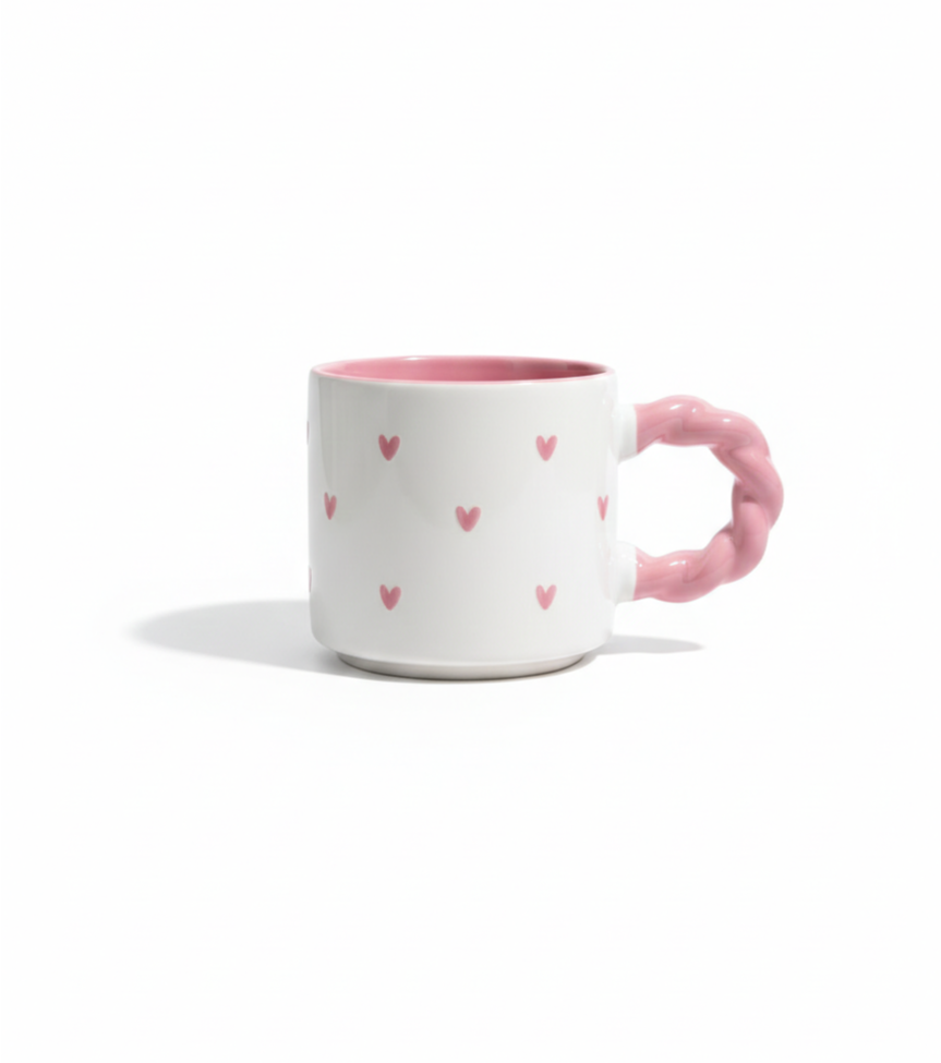 White and Pink Ceramic Mug with printed hearts