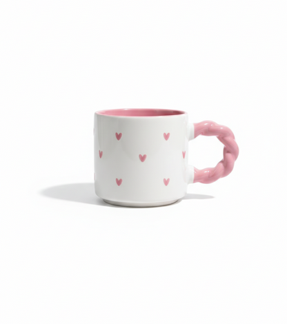 White and Pink Ceramic Mug with printed hearts