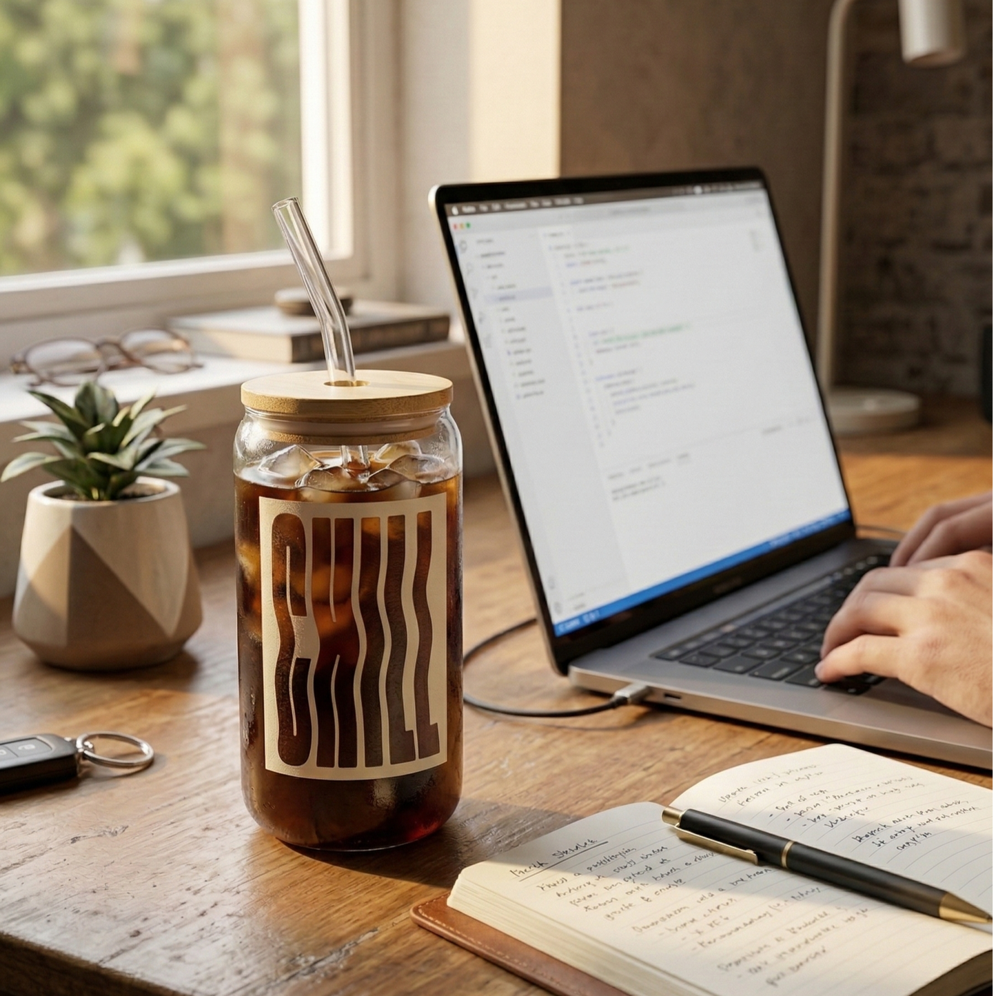 Transparent “Chill” Printed Glass Tumbler with Bamboo Lid and Glass Straw