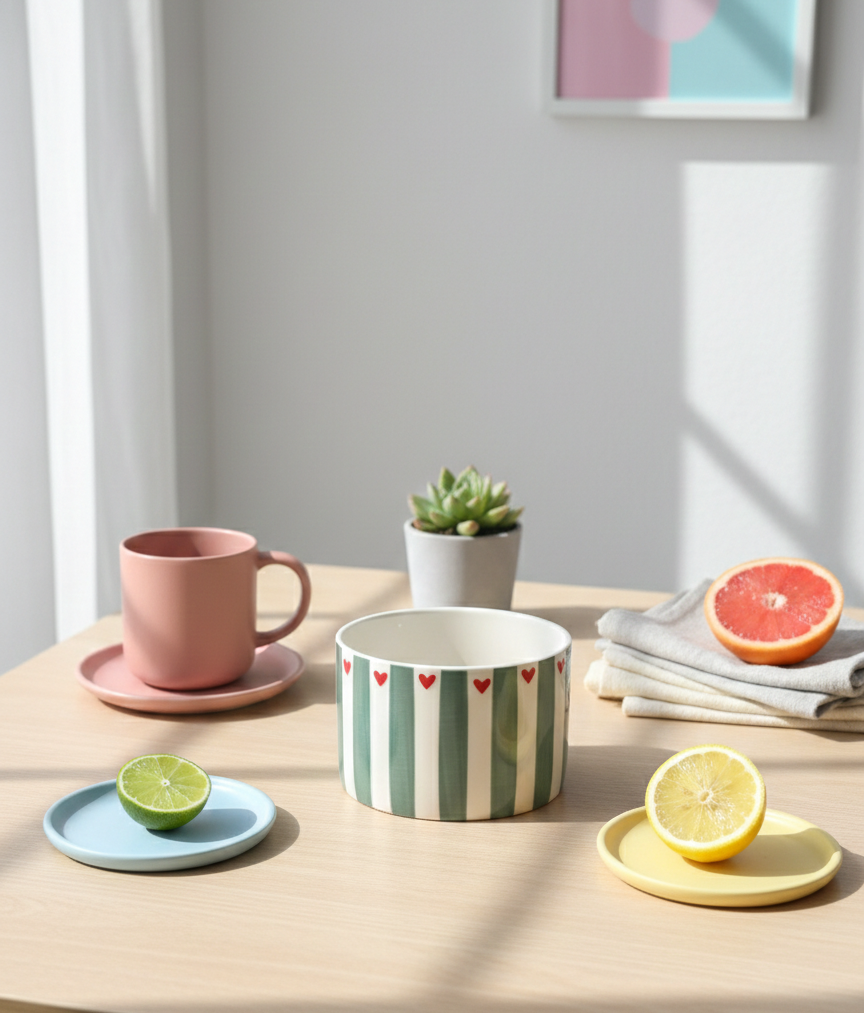 Striped Ceramic Bowl – White with Aqua Blue Stripes with Red hearts