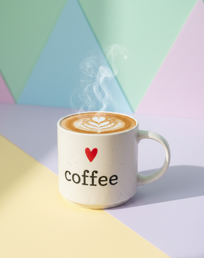 I Love Coffee Ceramic Mug – White Coffee Mug with Printed Heart