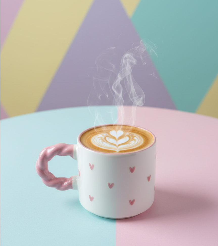 White and Pink Ceramic Mug with printed hearts
