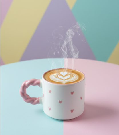 White and Pink Ceramic Mug with printed hearts