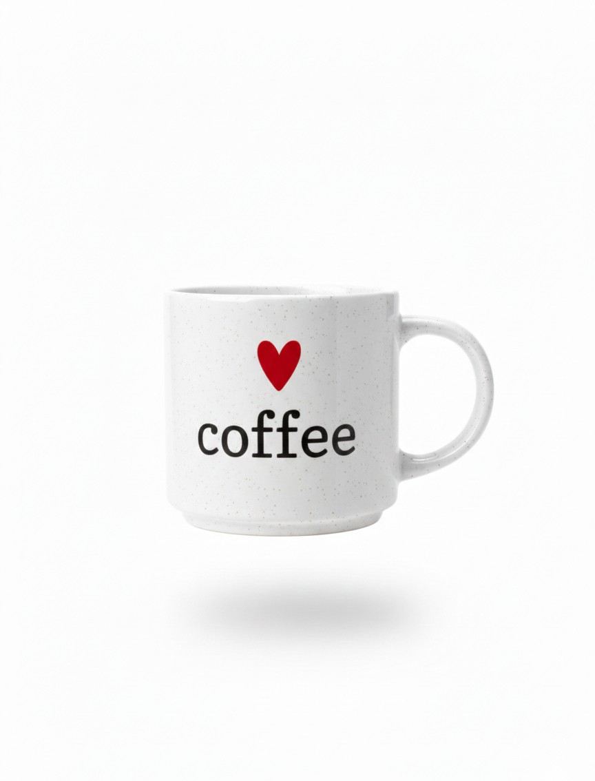 I Love Coffee Ceramic Mug – White Coffee Mug with Printed Heart