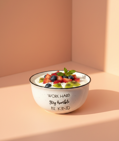 "Work Hard, Stay Humble, Be Kind" Ceramic Bowl – White with Black Dots