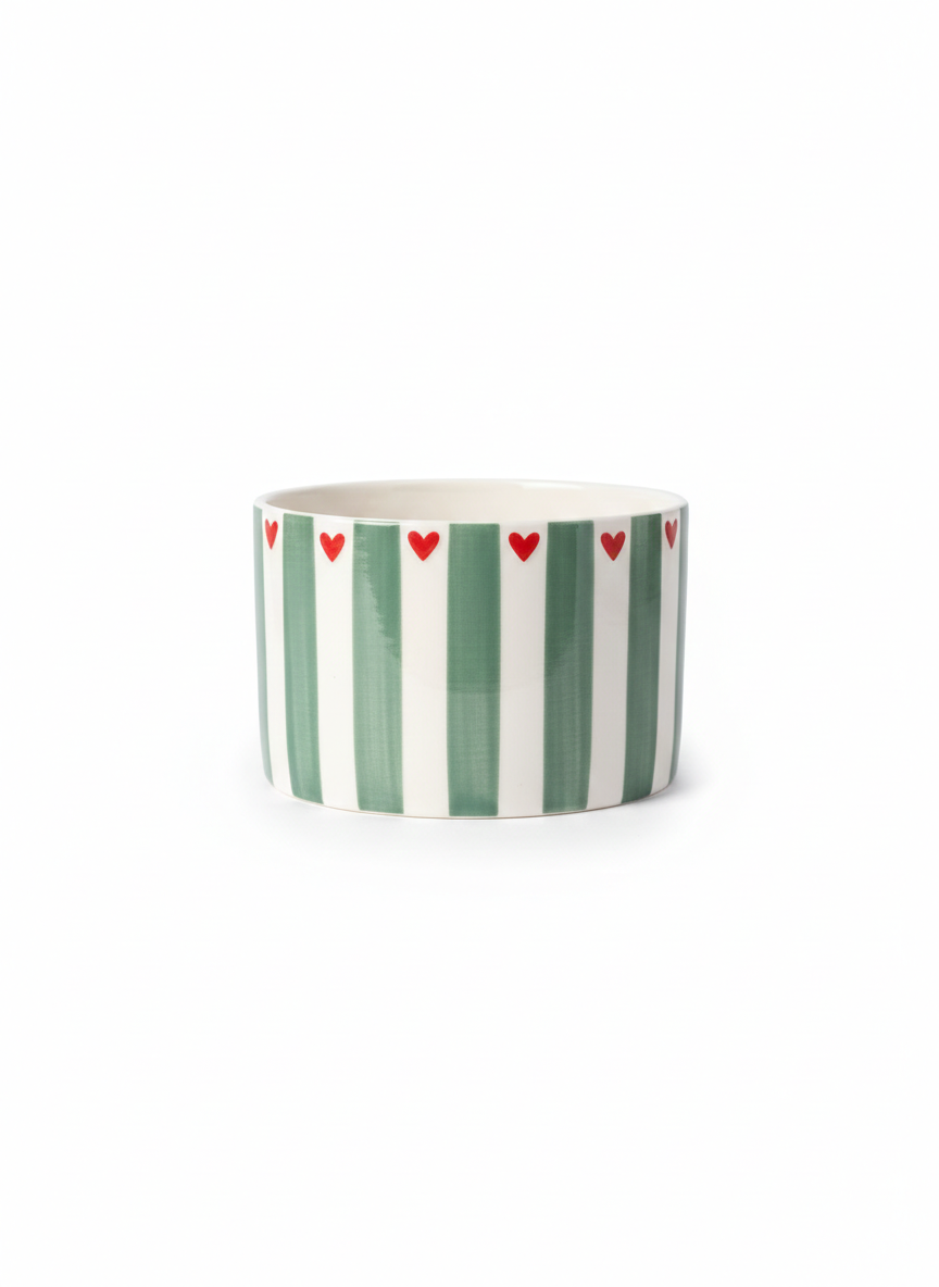 Striped Ceramic Bowl – White with Aqua Blue Stripes with Red hearts