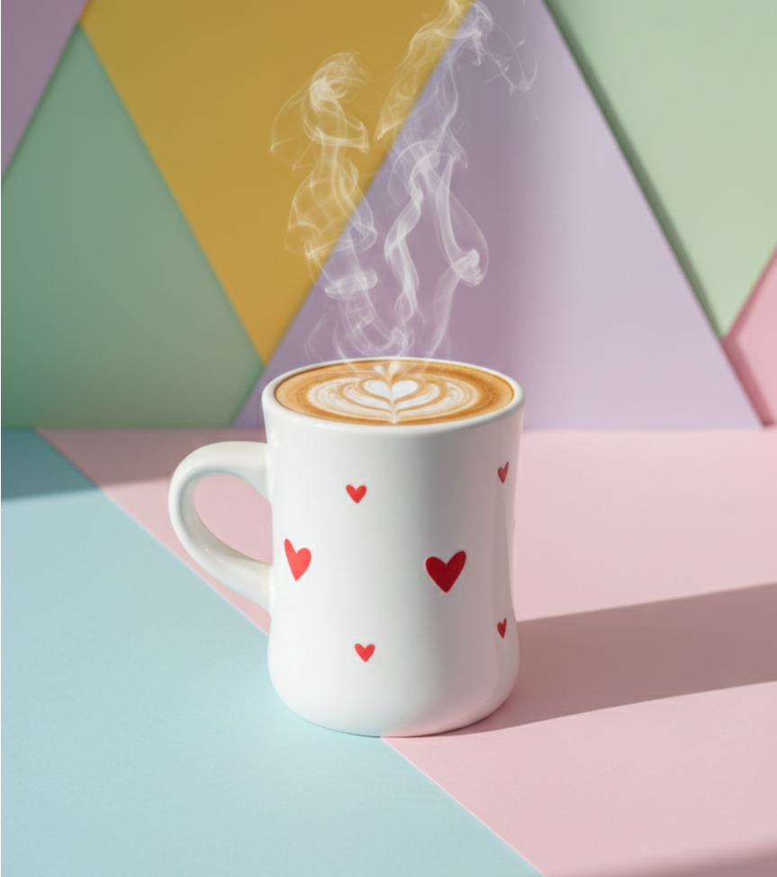 White Ceramic Mug with printed hearts