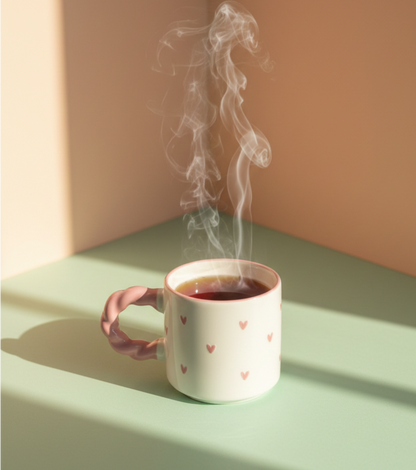 White and Pink Ceramic Mug with printed hearts