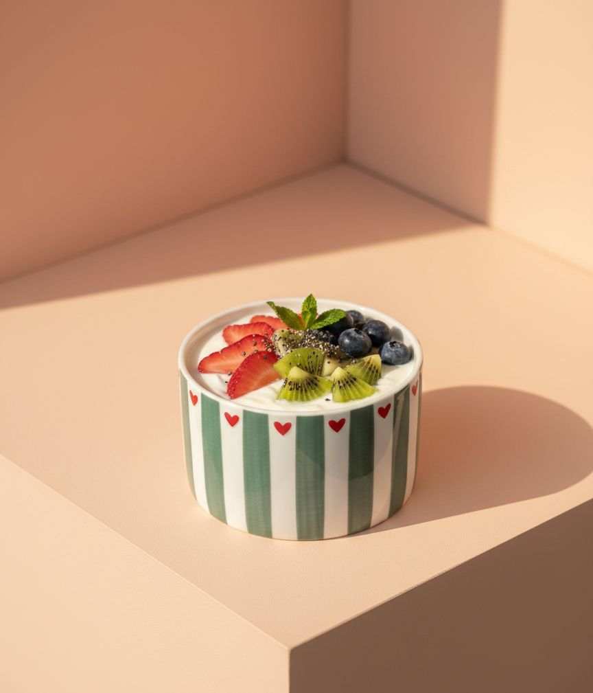 Striped Ceramic Bowl – White with Aqua Blue Stripes with Red hearts