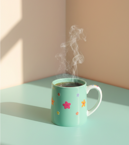 Green Ceramic Mug with printed flowers