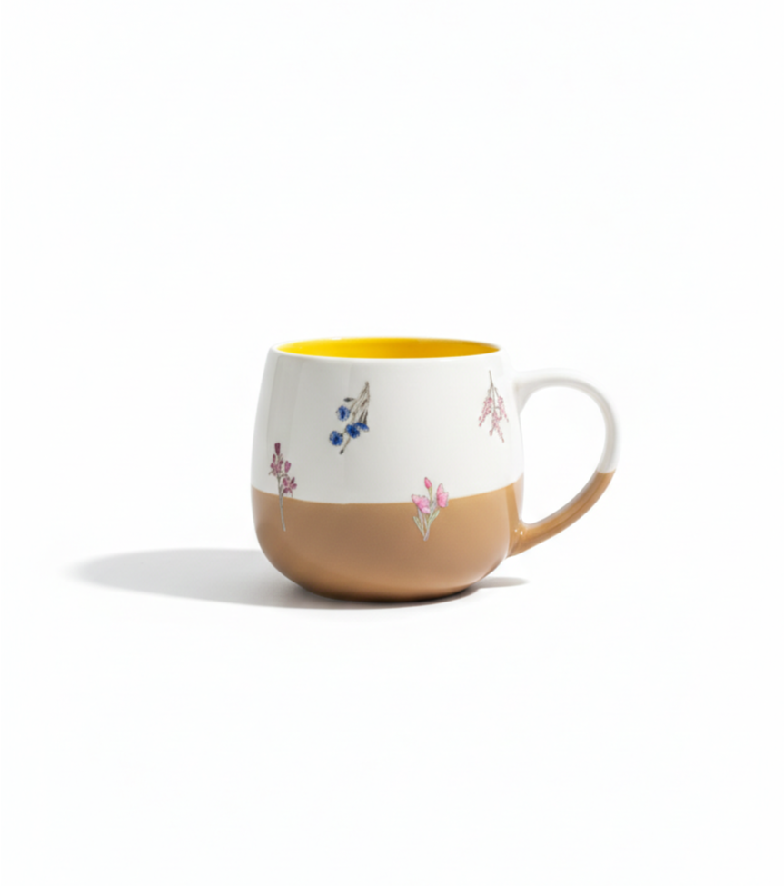 Brown and White Ceramic Mug with printed flowers