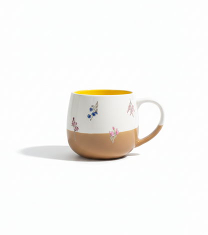 Brown and White Ceramic Mug with printed flowers