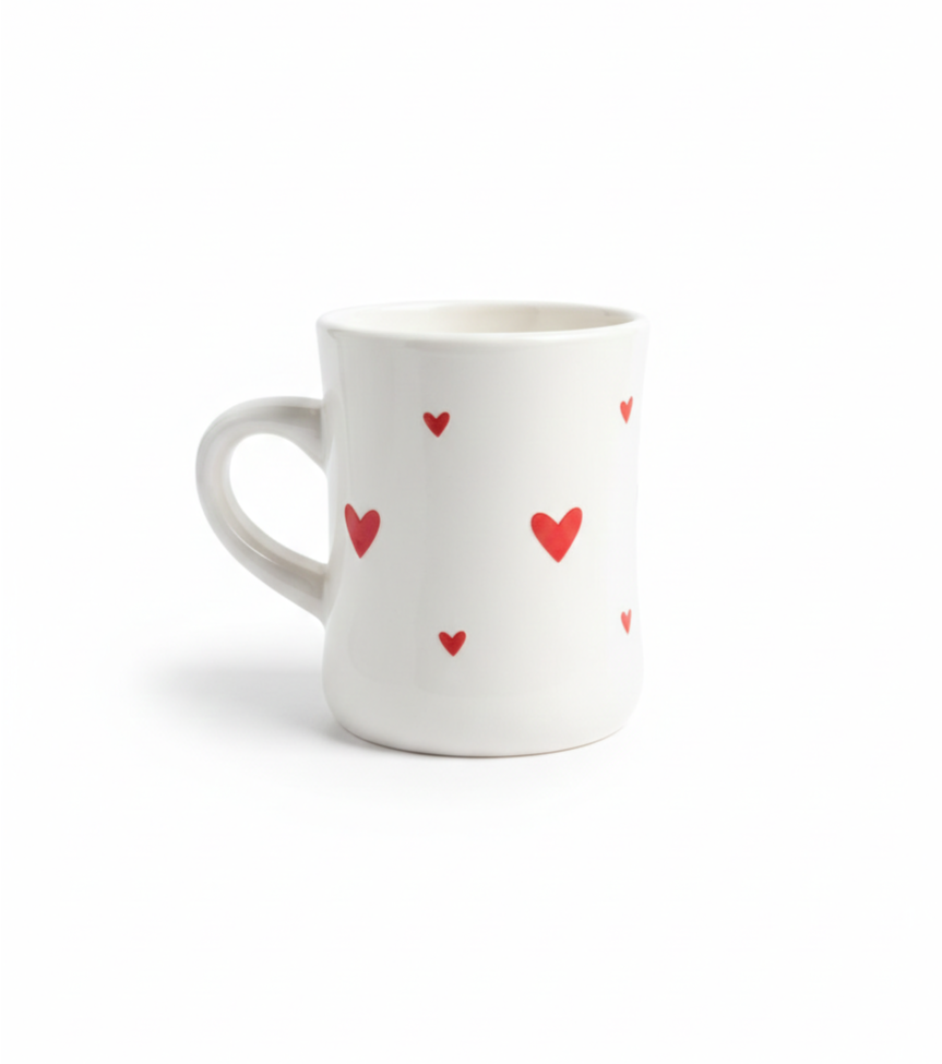 White Ceramic Mug with printed hearts