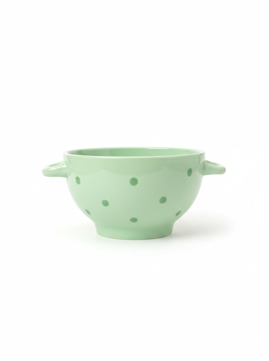 Green Ceramic Bowl with Dots Design and Handle