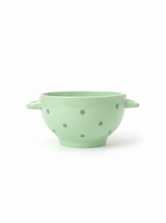 Green Ceramic Bowl with Dots Design and Handle