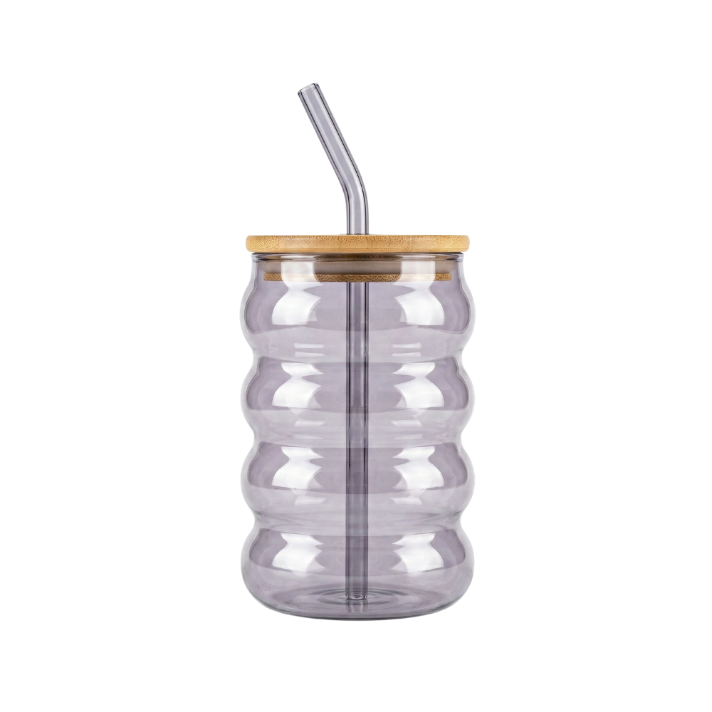 Grey Shaded Glass Tumbler for Coffee with Bamboo Lid and Straw main image
