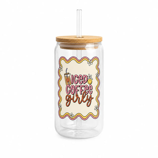 “Iced Coffee Girlie” Printed Glass Tumbler with Bamboo Lid and Glass Straw