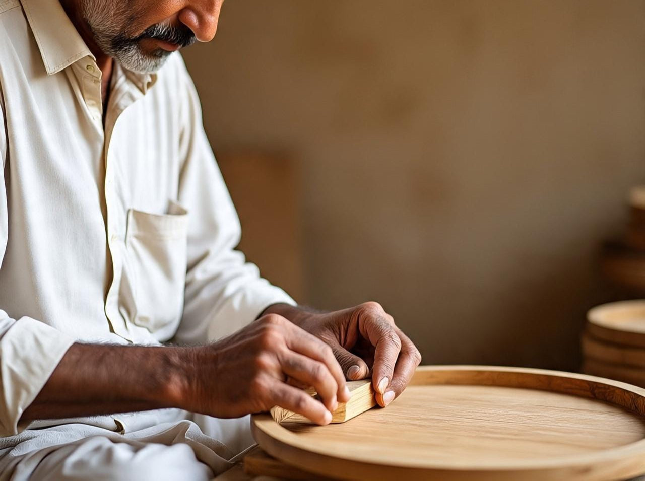 Man working on a wooden tray