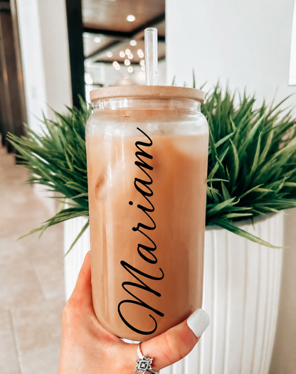 Customized Glass Tumbler with Bamboo lid and Glass straw