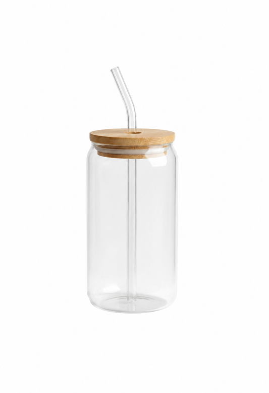 Plain Glass Tumbler with Bamboo Lid and Glass Straw