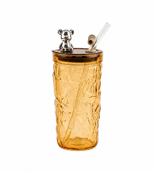 Koala Glass Tumbler with Glass straw and Acrylic Lid