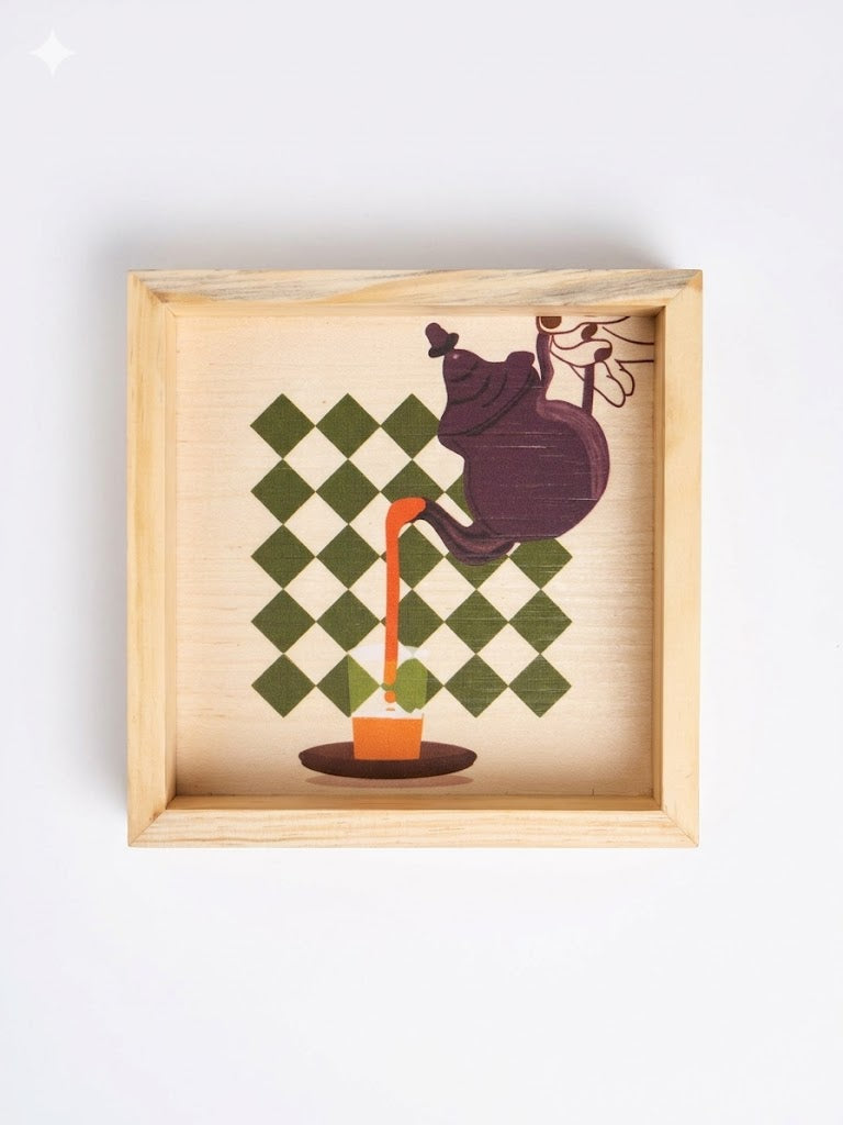 Tea and Kettle Inspired Art Square Wooden Tray