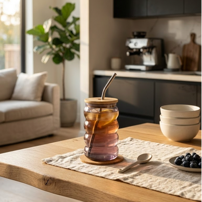 Grey Shaded Coffee Glass Tumbler with Bamboo Lid and Glass straw