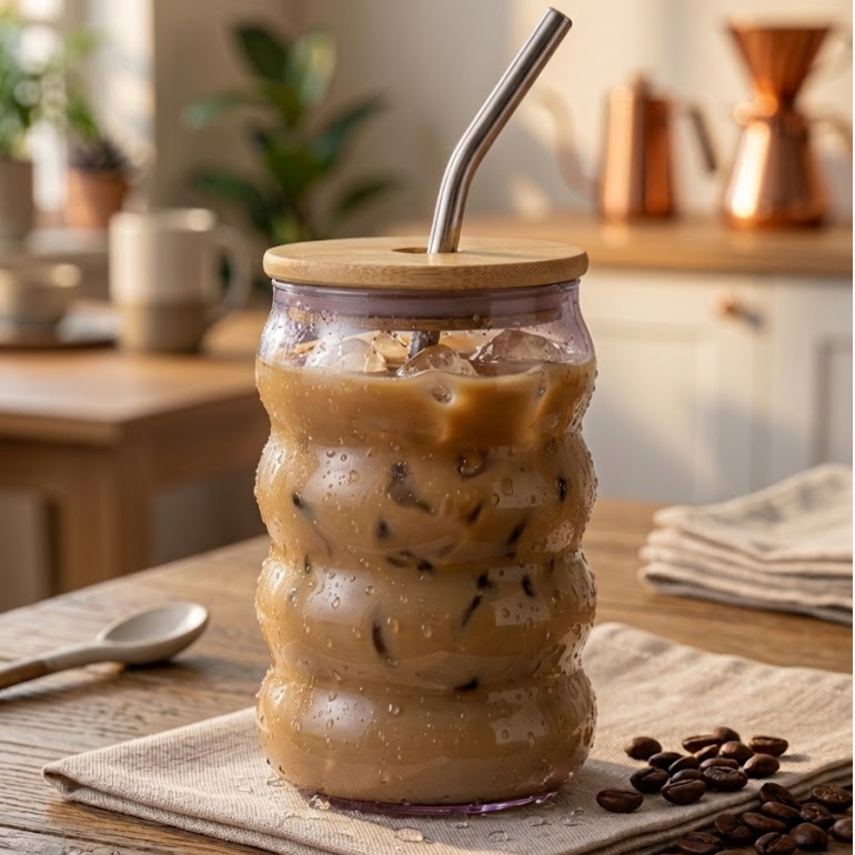 Grey Shaded Coffee Glass Tumbler with Bamboo Lid and Glass straw