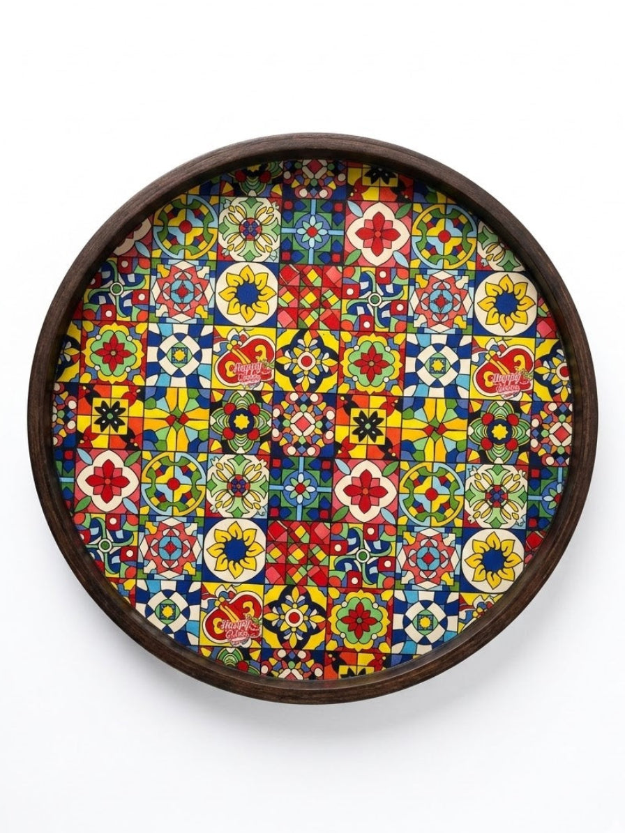 Colorful Tile Art Round Wooden Tray