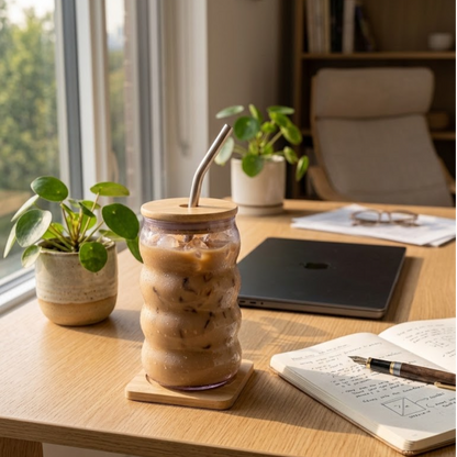 Grey Shaded Coffee Glass Tumbler with Bamboo Lid and Glass straw